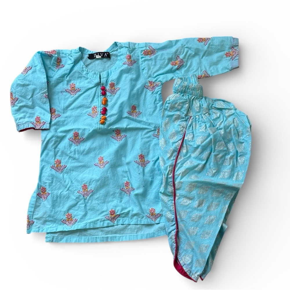 Ziva Girls Kurta Salwar Set 3–4Y Turquoise Blue Embroidered Indian Pakistani